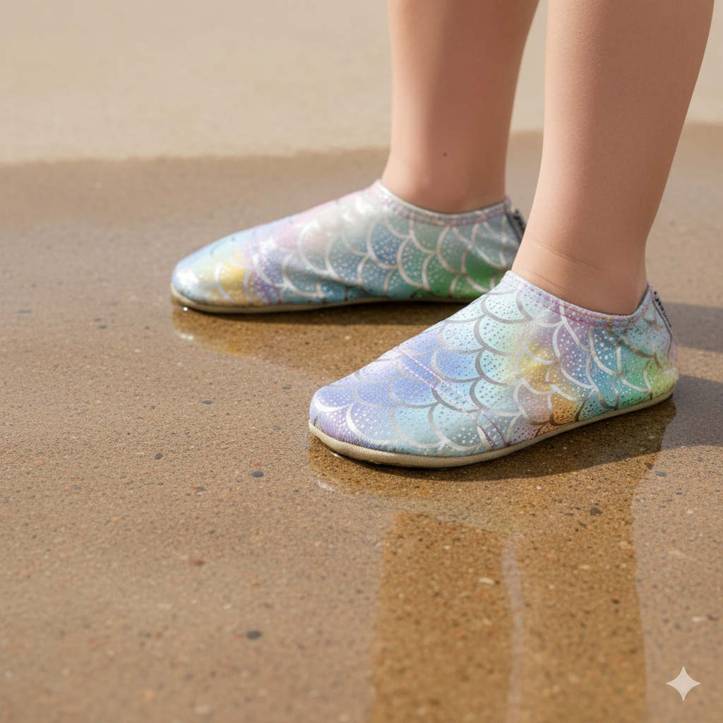 Colorful mermaid Finny Shoes scale-patterned shoes on a sandy surface