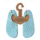 A pair of blue Slipstop water shoes for kids, displayed on a cardboard hanger with product information.
