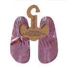 A pair of purple ABBEY JUNIOR water shoes for kids, displayed on a hanger, with a label showing the brand name.